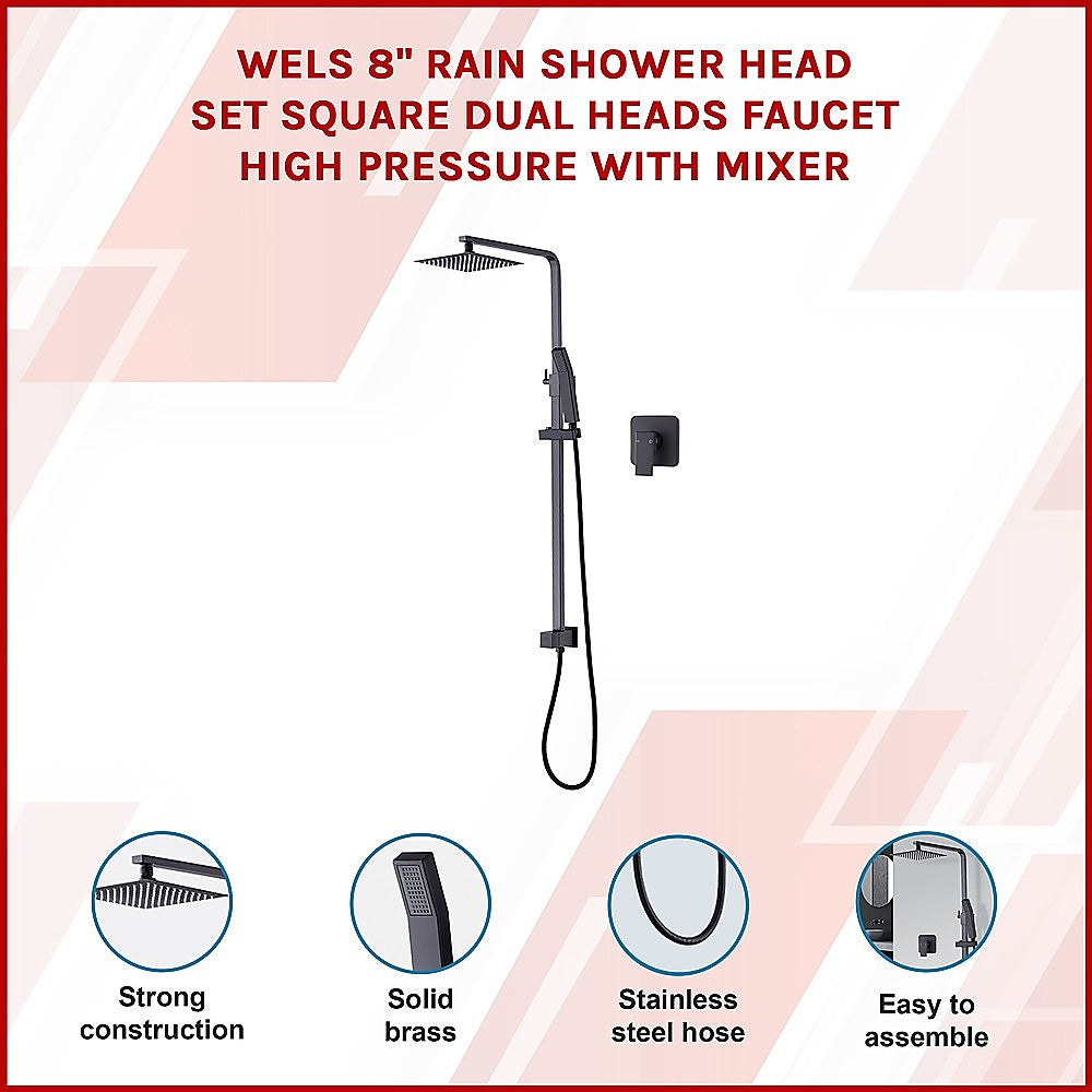 WELS 8 Rain Shower Head Set Square Dual Heads Faucet High Pressure With Mixer