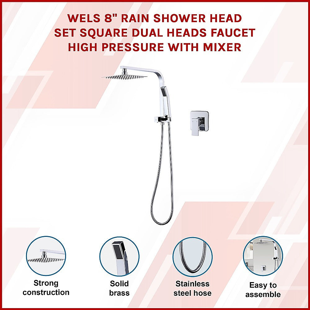 WELS 8 Rain Shower Head Set Square Dual Heads Faucet High Pressure With Mixer