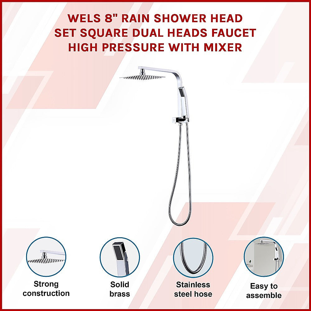 WELS 8 Rain Shower Head Set Square Dual Heads Faucet High Pressure Hand Held