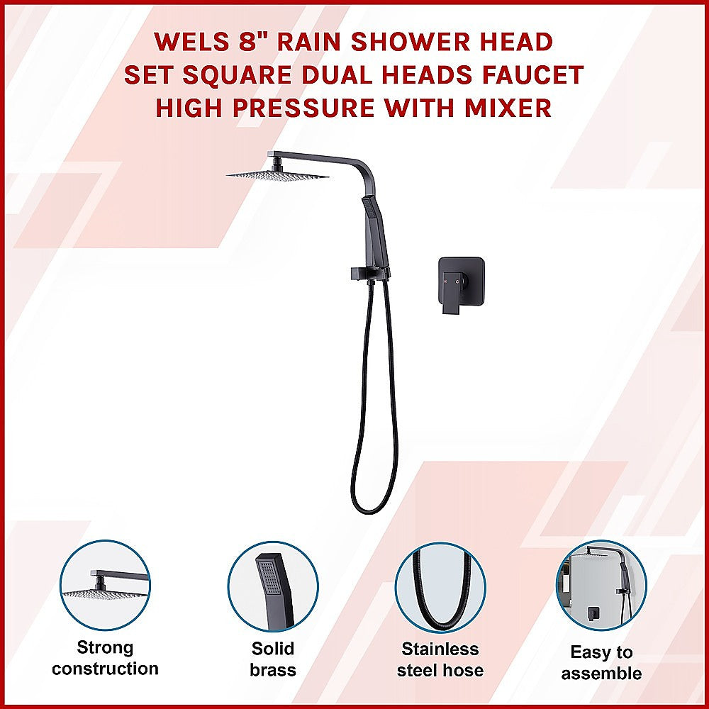 WELS 8 Rain Shower Head Set Square Dual Heads Faucet High Pressure With Mixer