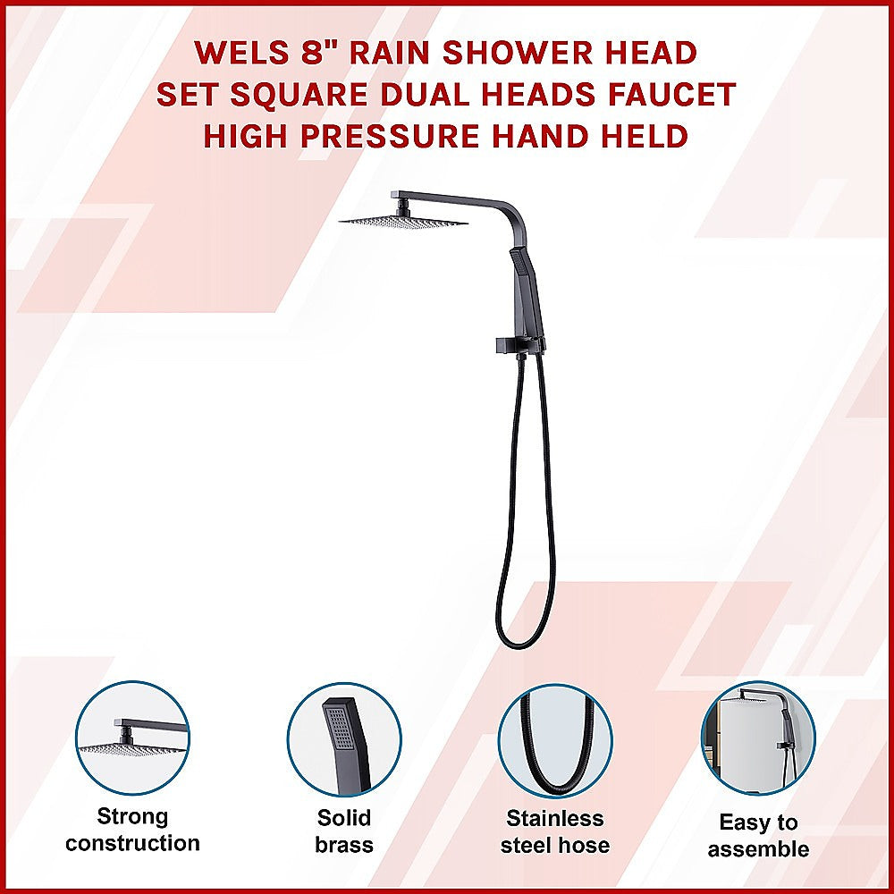 WELS 8 Rain Shower Head Set Square Dual Heads Faucet High Pressure Hand Held
