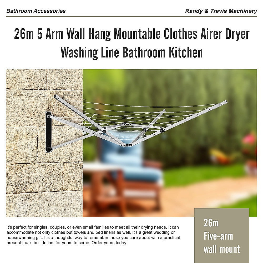 26m 5 Arm Wall Hang Mountable Clothes Airer Dryer Washing Line Bathroom Kitchen