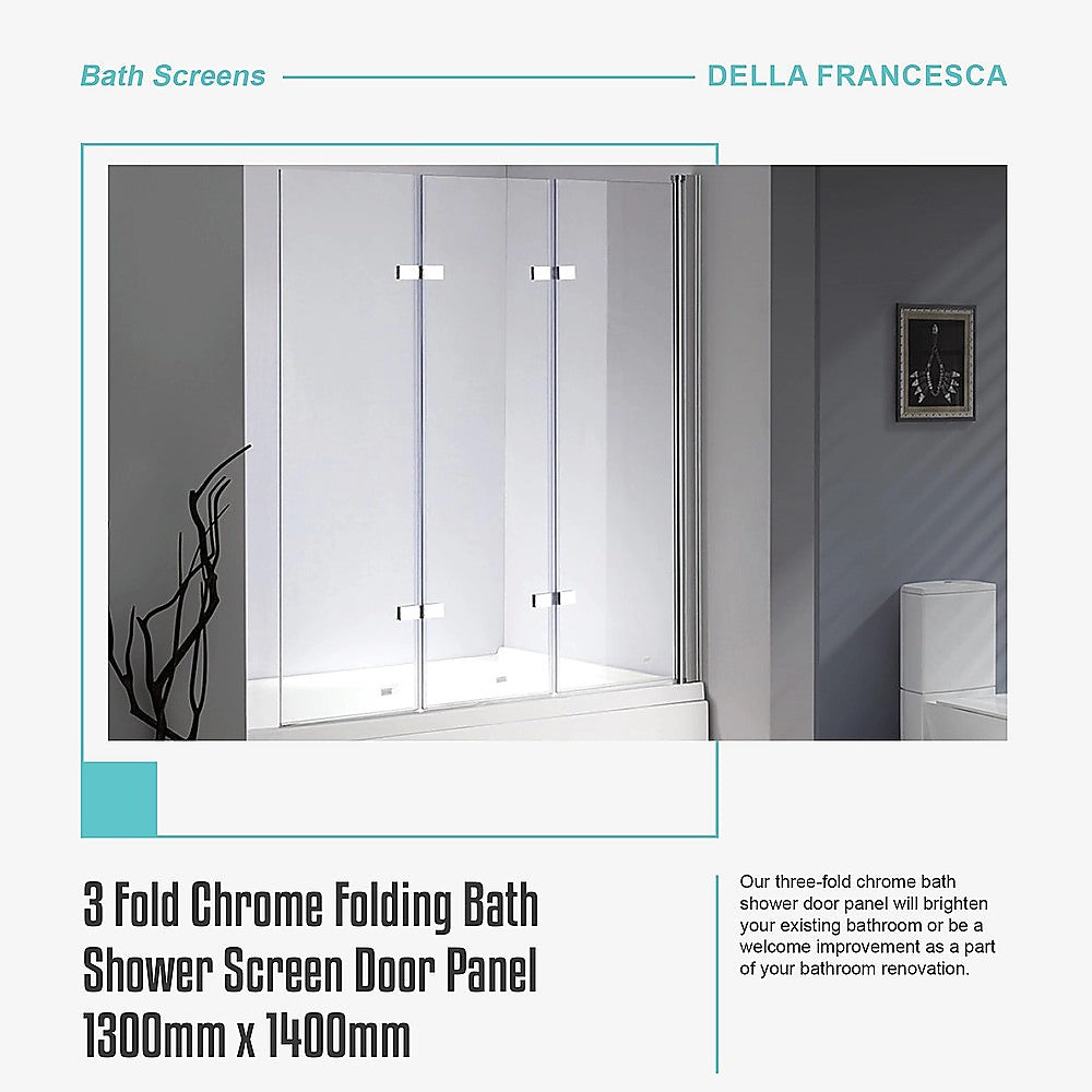 3 Fold Chrome Folding Bath Shower Screen Door Panel 1300mm x 1400mm