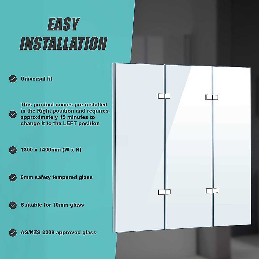 3 Fold Chrome Folding Bath Shower Screen Door Panel 1300mm x 1400mm