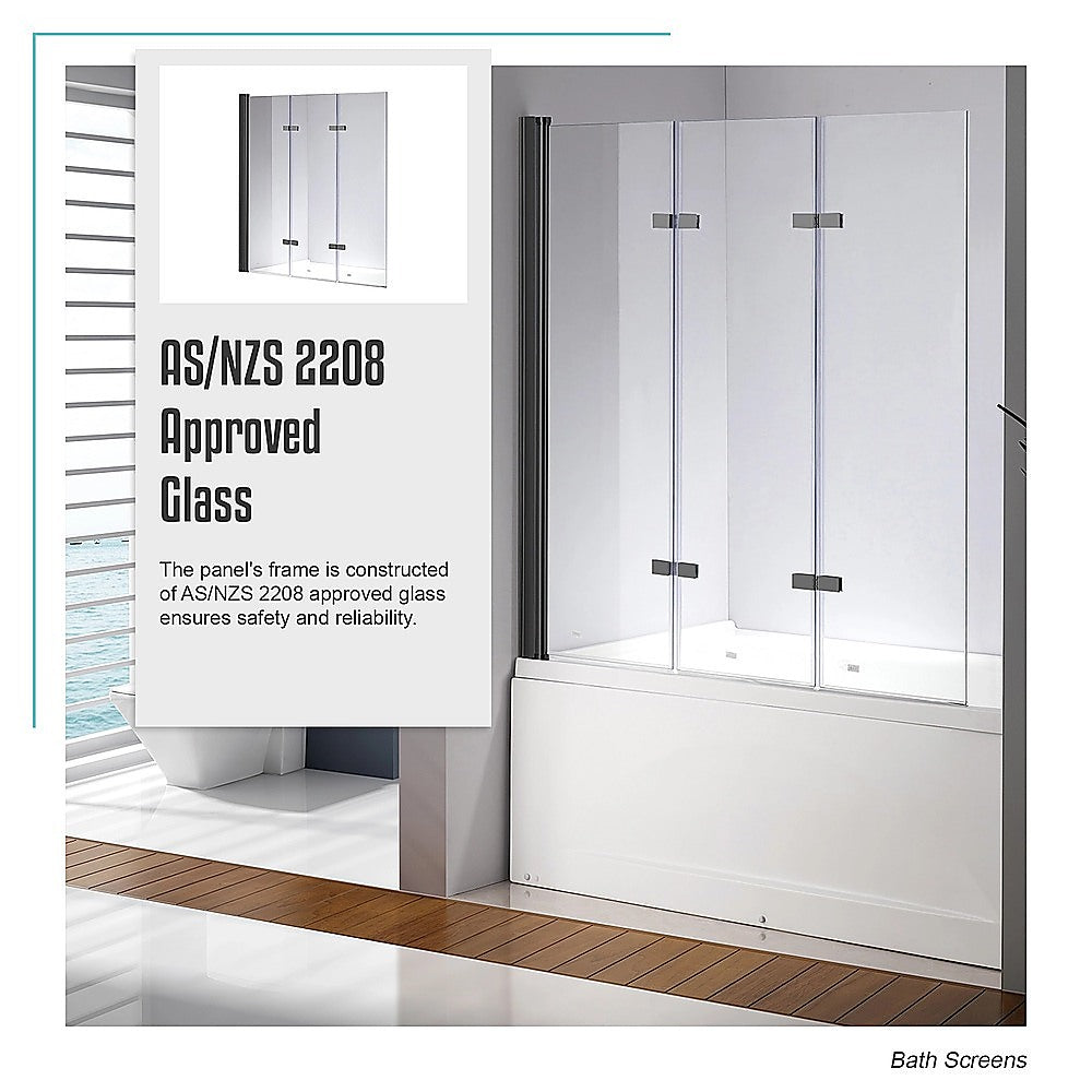 3 Fold Black Folding Bath Shower Screen Door Panel 1300mm x 1400mm