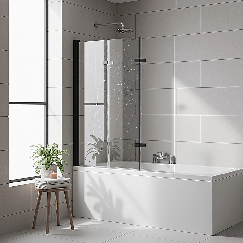 3 Fold Black Folding Bath Shower Screen Door Panel 1300mm x 1400mm