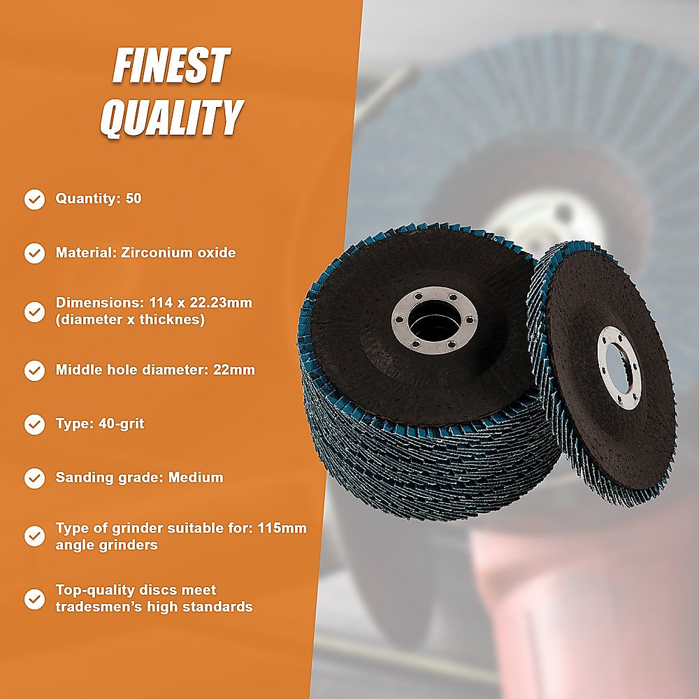 50x Pack Premium Zirconia Flap Disc Sanding Grinding 115mm 4.5 40 Grit