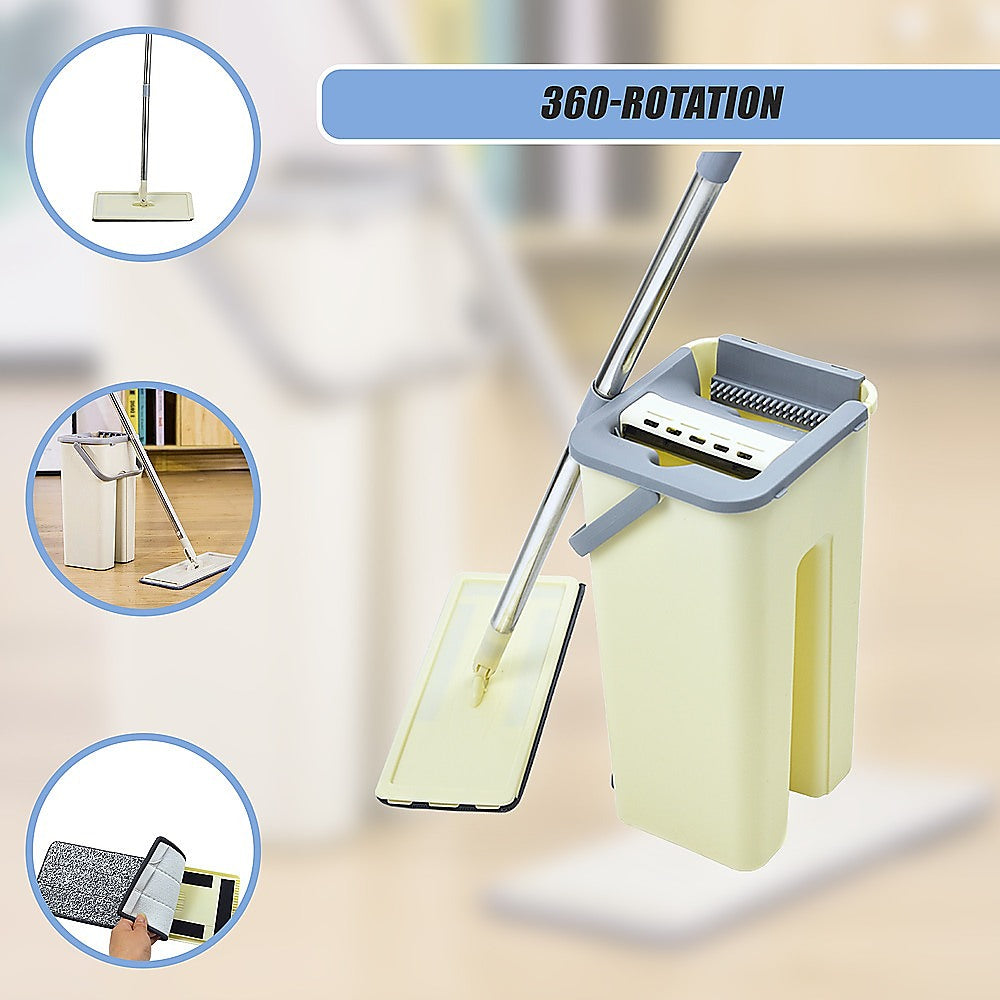 4x Microfiber Pads Flat Mop Bucket Kit 360 Rotating Self Wash Cleaning