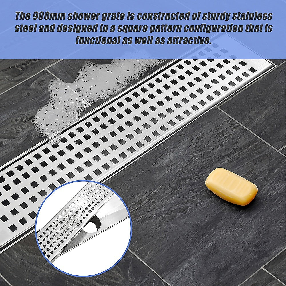 900mm Bathroom Shower Stainless Steel Grate Drain w/Centre outlet Floor Waste Square Pattern