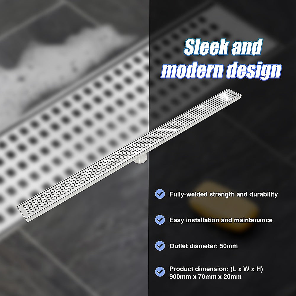 900mm Bathroom Shower Stainless Steel Grate Drain w/Centre outlet Floor Waste Square Pattern