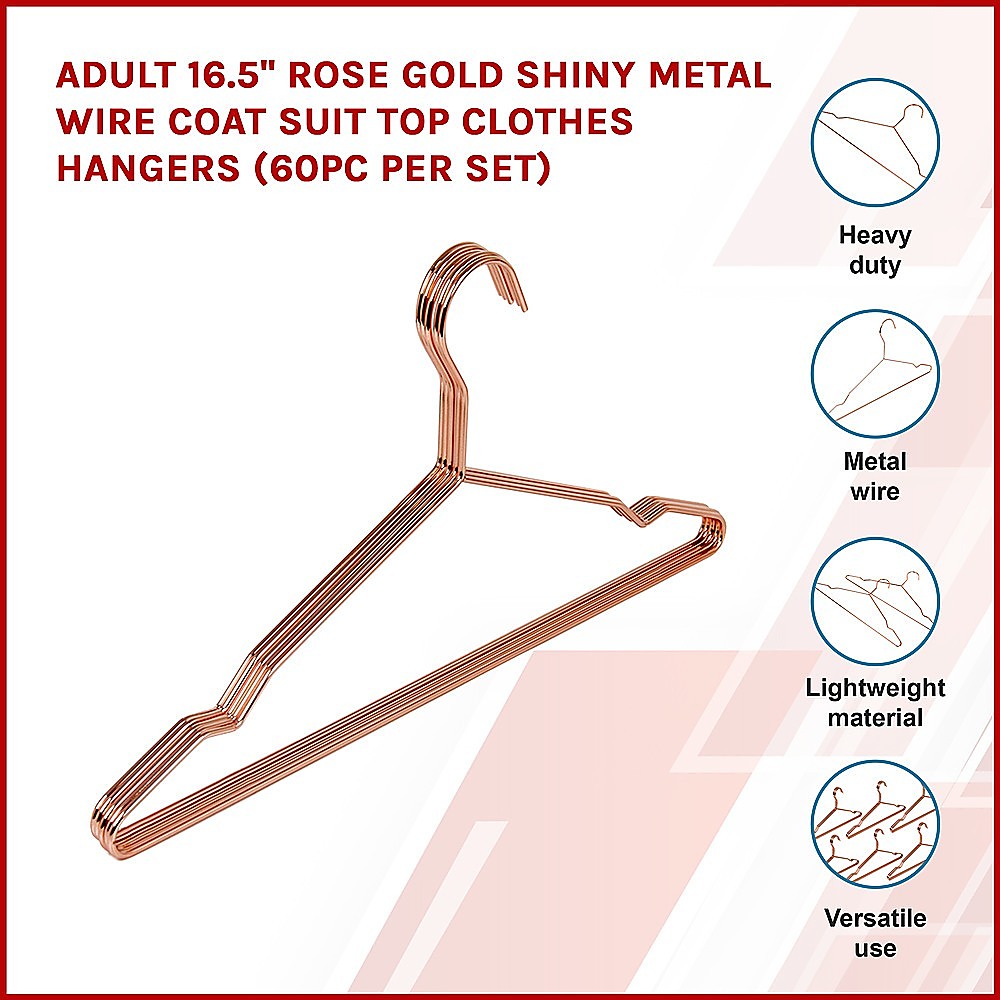 Adult 16.5 Rose Gold Shiny Metal Wire Coat Suit Top Clothes Hangers (60pc per set)