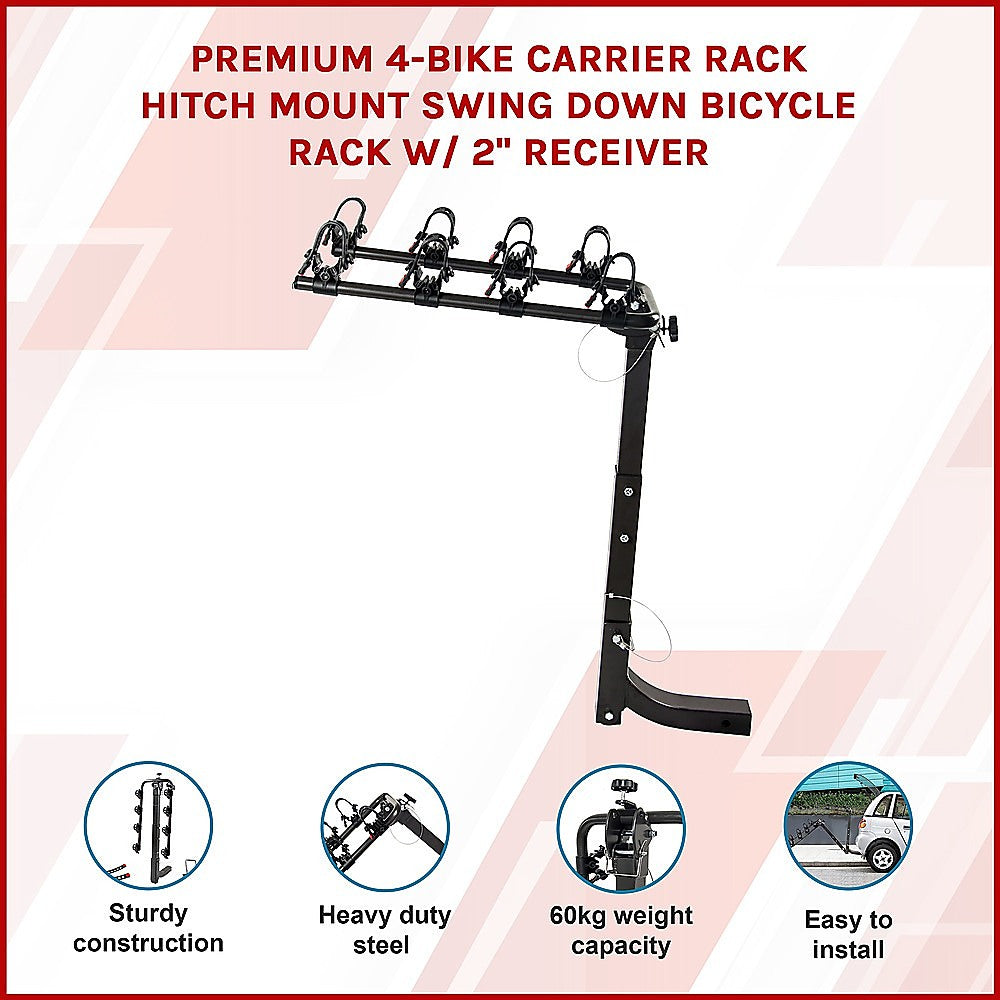 Premium 4-Bike Carrier Rack Hitch Mount Swing Down Bicycle Rack W/ 2 Receiver