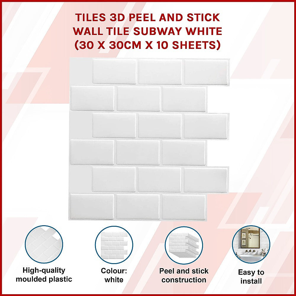 Tiles 3D Peel and Stick Wall Tile Subway White (30 x 30cm x 10 sheets)