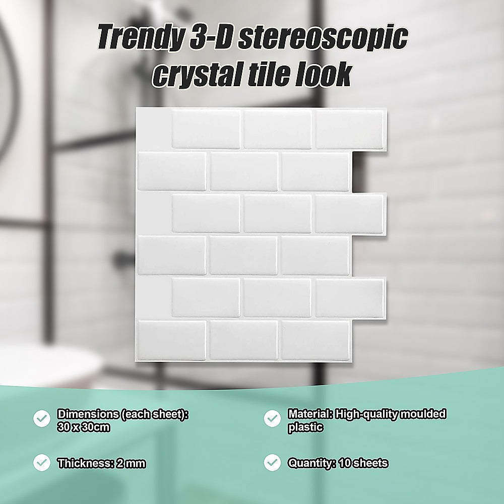 Tiles 3D Peel and Stick Wall Tile Subway White (30 x 30cm x 10 sheets)