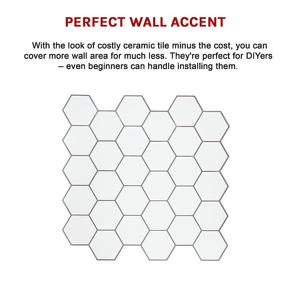 Tiles 3D Peel and Stick Wall Tile Hexagon White (30cm x 30cm x 10 sheets)