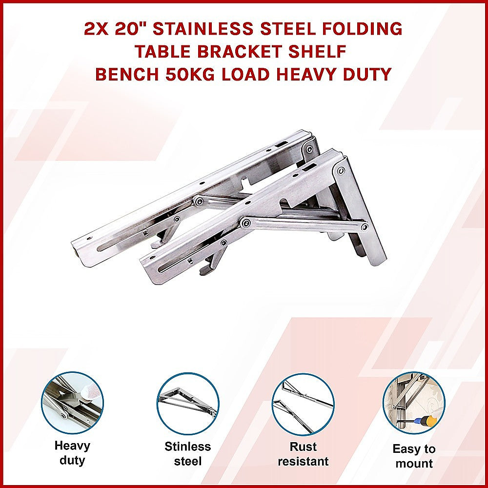 2x 20 Stainless Steel Folding Table Bracket Shelf Bench 50kg Load Heavy Duty