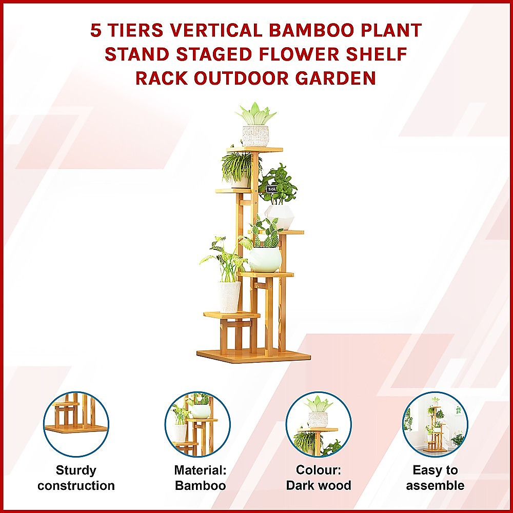 5 Tiers Vertical Bamboo Plant Stand Staged Flower Shelf Rack Outdoor Garden