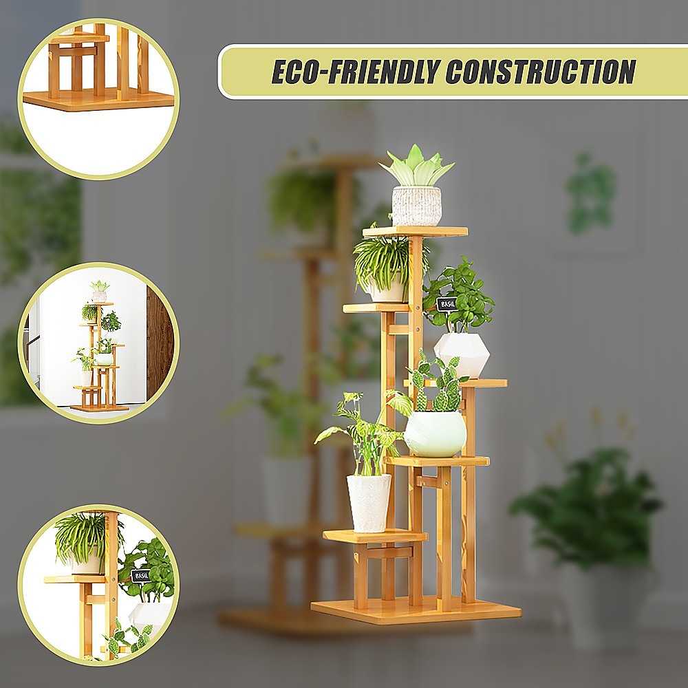 5 Tiers Vertical Bamboo Plant Stand Staged Flower Shelf Rack Outdoor Garden
