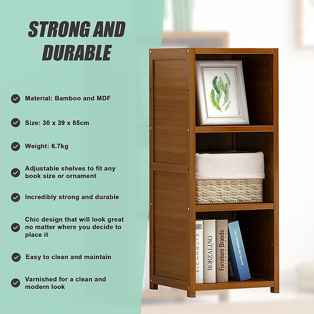 Bamboo Adjustable 3-Shelf Bookcase Display Storage Rack Stand for Living Room, Bedroom, Office or Home Décor