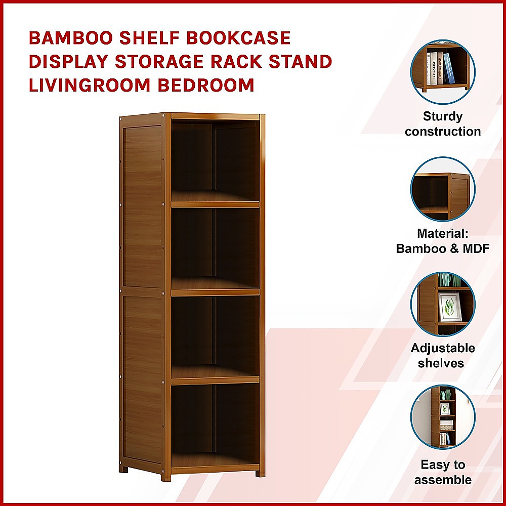 Bamboo 4-Shelf Bookcase – Adjustable Display Storage Rack Stand for Living Room, Bedroom, Office or Home Organisation