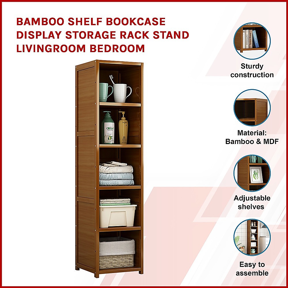 Bamboo 5-Shelf Bookcase – Tall Display Storage Rack Stand for Living Room, Bedroom, Office or Home Organisation