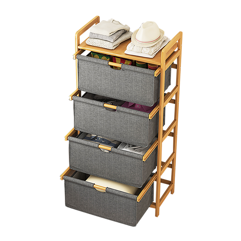 Bamboo Shelf with Storage Hamper ??Wooden Organiser with 4 Laundry Bags