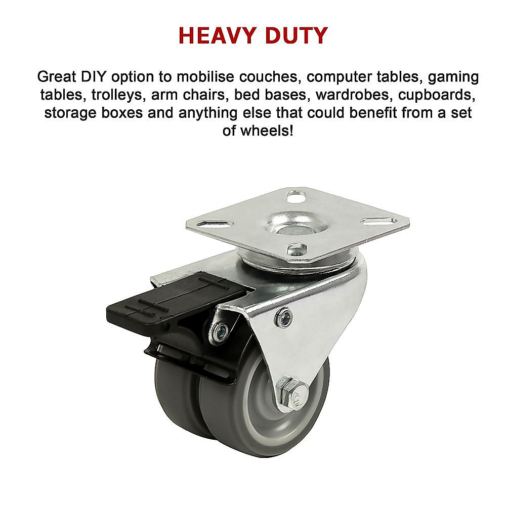 4 x 2 Heavy Duty Swivel Double Wide Castor Wheels Trolley 50mm Furniture Rubber With Brake