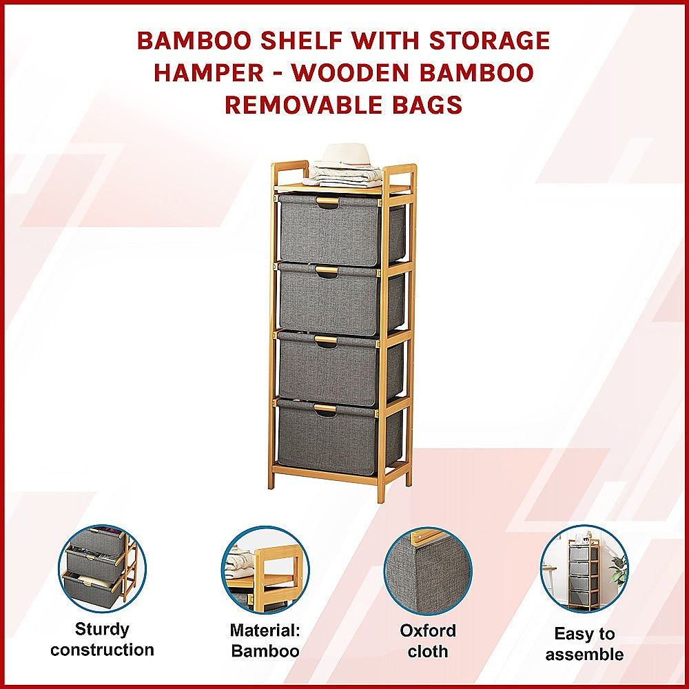 Bamboo Shelf with Storage Hamper ??Wooden Organiser with Three-Set Rack Laundry Bags