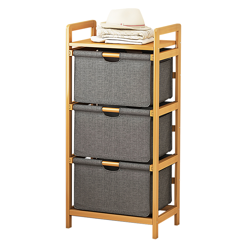 Bamboo Shelf with Storage Hamper ??Wooden Organiser with Three-Set Rack Laundry Bags