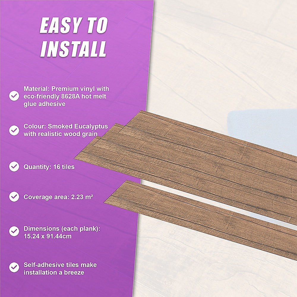 Vinyl Floor Tiles Self Adhesive Flooring Smoked Eucalyptus Wood Grain 16 Pack 2.3SQM
