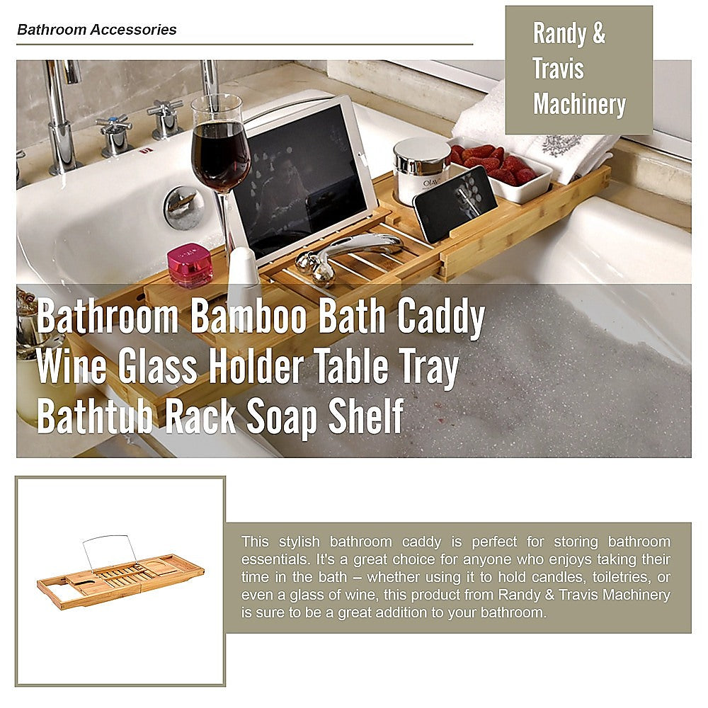 Bathroom Bamboo Bath Caddy Wine Glass Holder Table Tray Bathtub Rack Soap Shelf