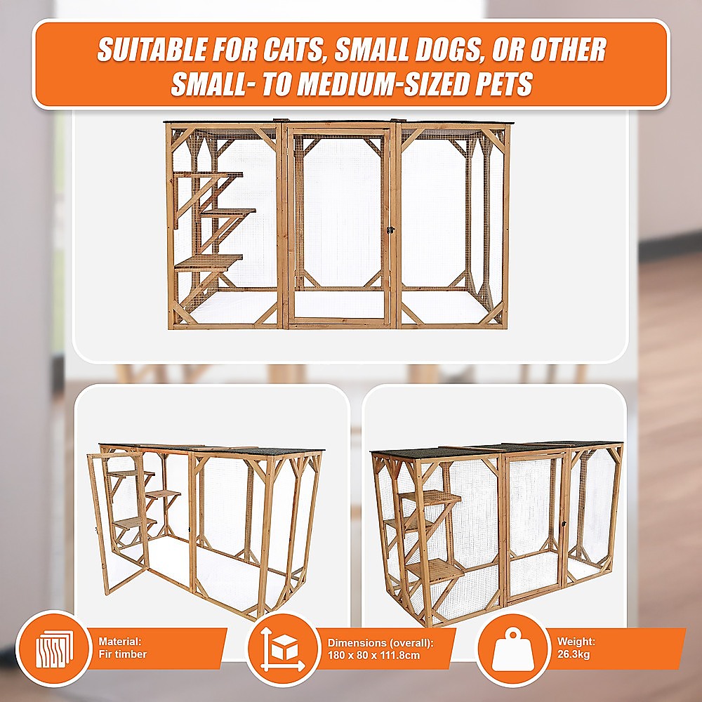 180cm Large Cat Enclosure Wooden Outdoor Cage with 3 Platforms