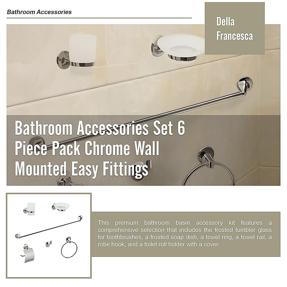 Bathroom Accessories Set 6 Piece Pack Chrome Wall Mounted Easy Fittings