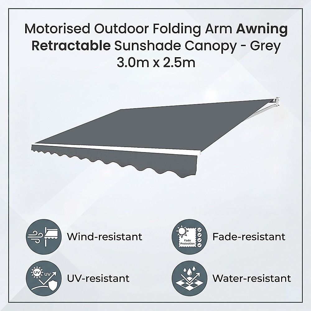 Motorised Outdoor Folding Arm Awning Retractable Sunshade Canopy Grey 3.0m x 2.5m