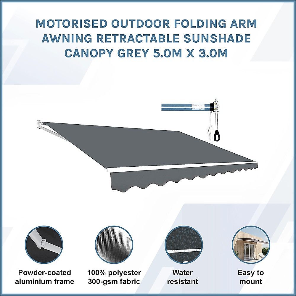 Motorised Outdoor Folding Arm Awning Retractable Sunshade Canopy Grey 5.0m x 3.0m