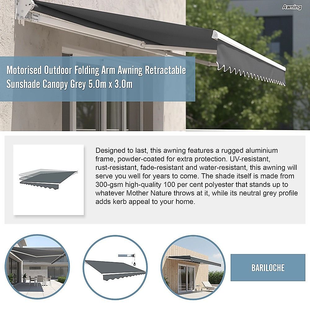 Motorised Outdoor Folding Arm Awning Retractable Sunshade Canopy Grey 5.0m x 3.0m