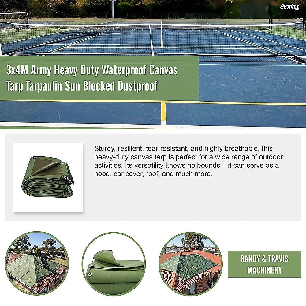 3x4M Army Heavy Duty Waterproof Canvas Tarp Tarpaulin Sun Blocked Dustproof