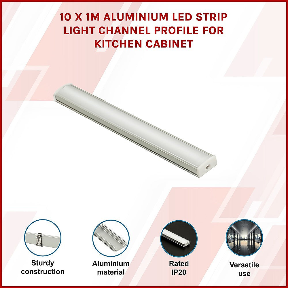 10 x 1M U-Style Aluminium LED Strip Light Channels for Cabinet Lighting