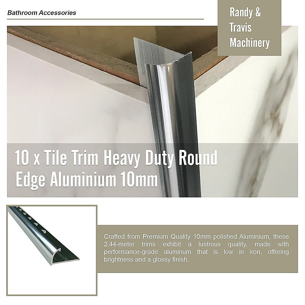 10 x Tile Trim Heavy Duty Round Edge Aluminium 10mm