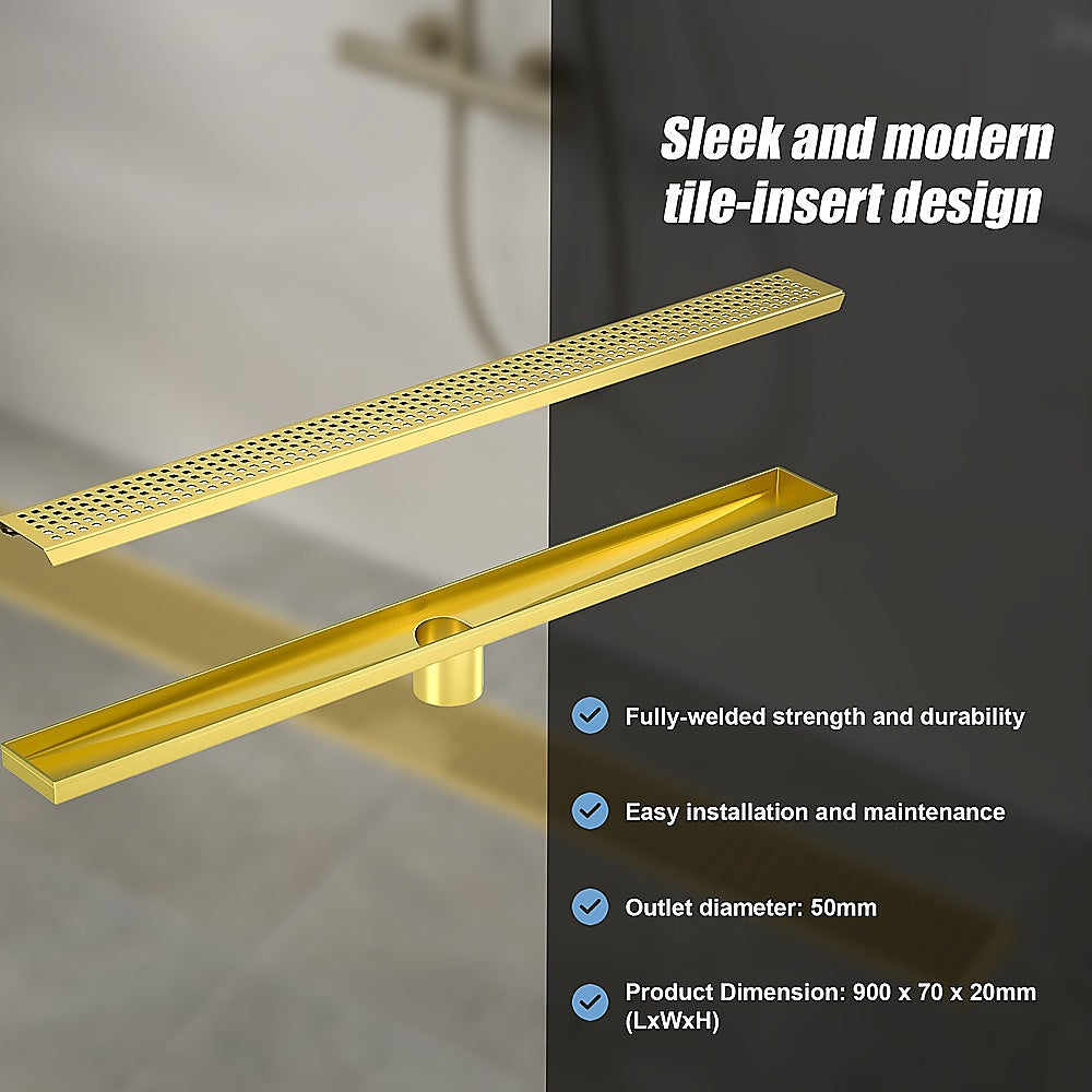 900mm Bathroom Shower Brushed Brass Grate Drain w/ Centre outlet Floor Waste Square Pattern
