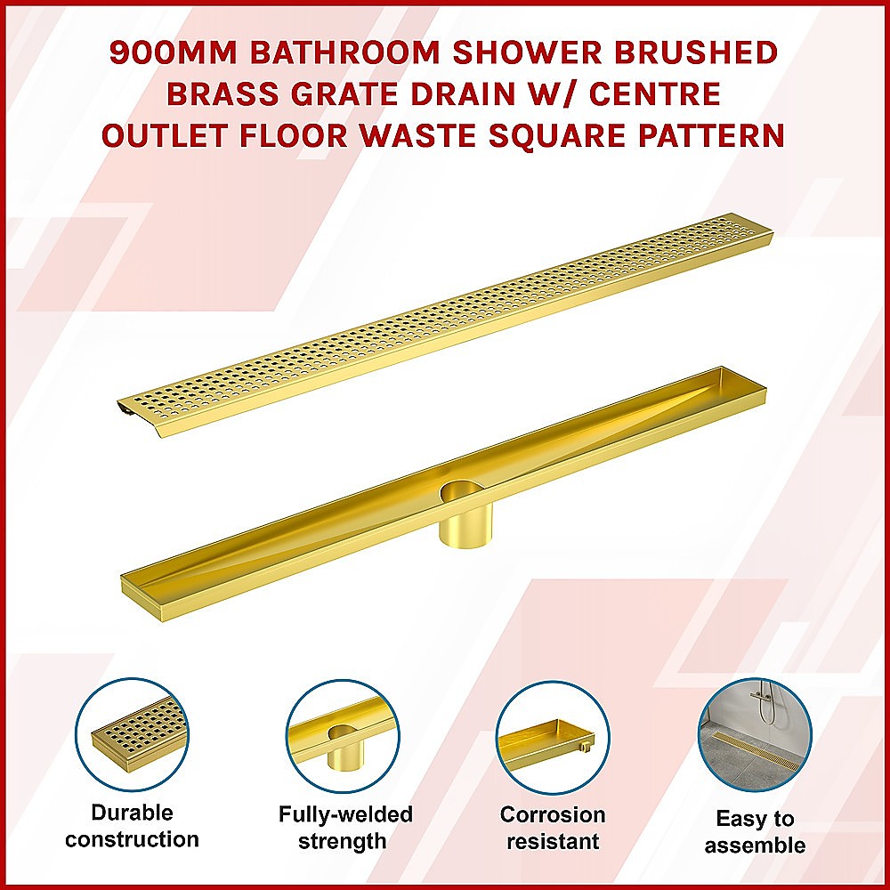900mm Bathroom Shower Brushed Brass Grate Drain w/ Centre outlet Floor Waste Square Pattern