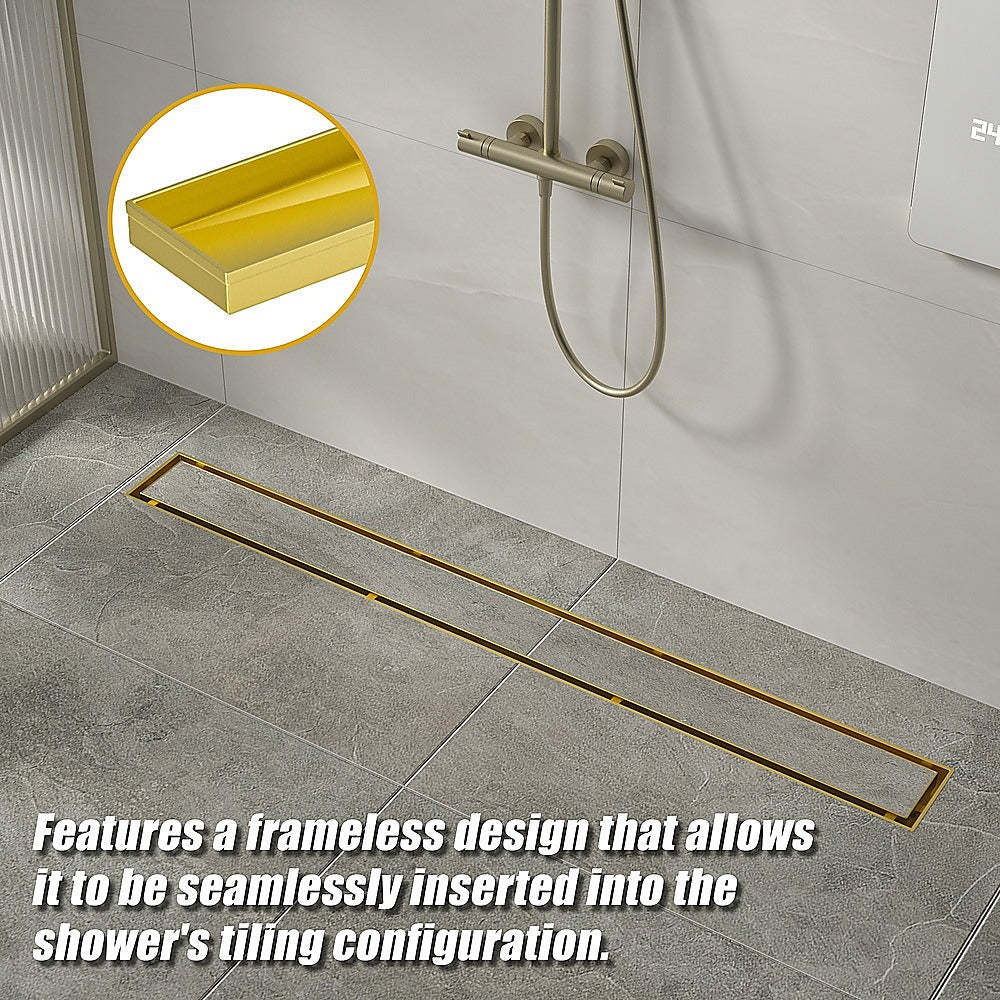 1000mm Tile Insert Bathroom Shower Brushed Brass Grate Drain w/Centre outlet Floor Waste