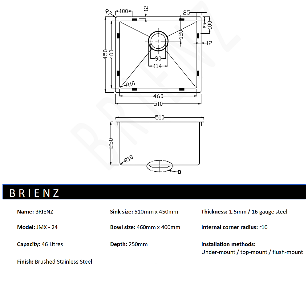 510x450mm Handmade Stainless Steel Undermount / Topmount Kitchen Laundry Sink with Waste