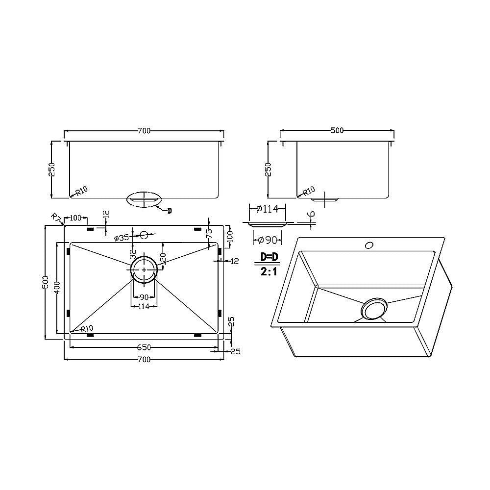 700x500mm Handmade Stainless Steel Undermount / Topmount Kitchen Laundry Sink with Waste