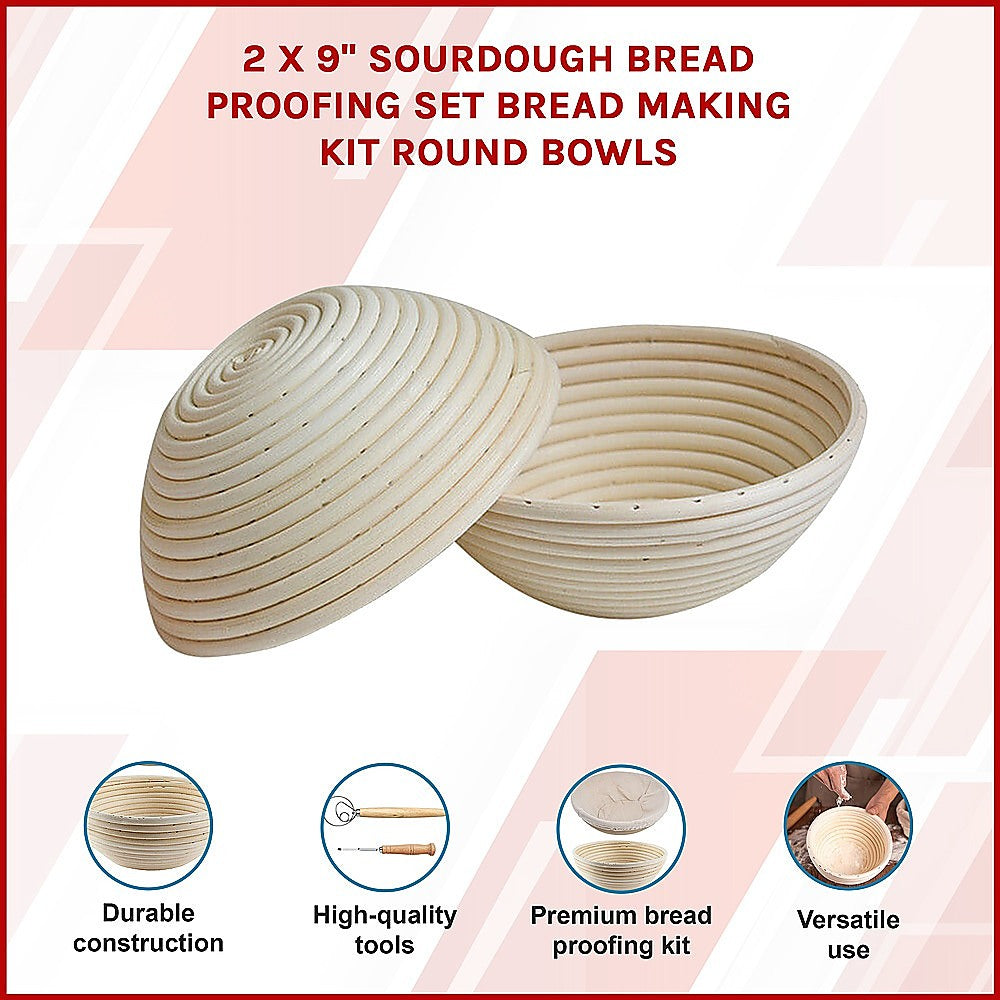 2 x 9 Sourdough Bread Proofing Set Bread Making Kit Round Bowls