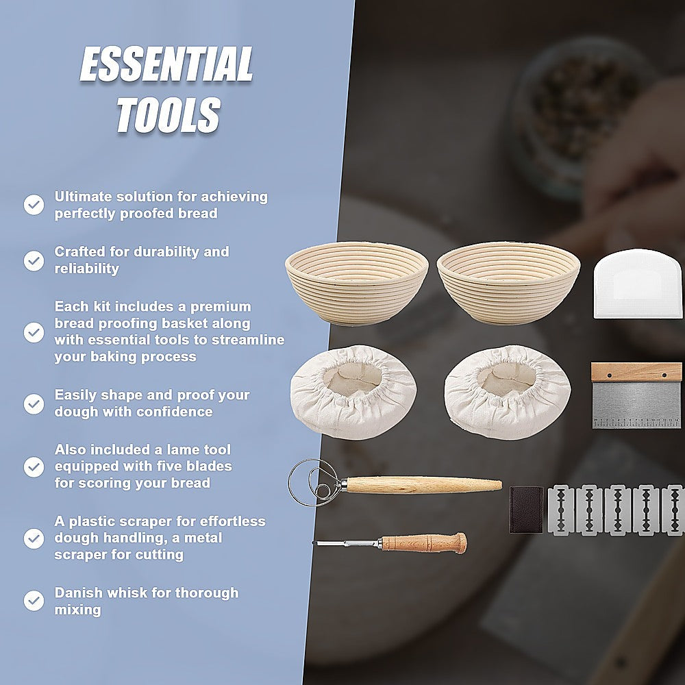 2 x 9 Sourdough Bread Proofing Set Bread Making Kit Round Bowls