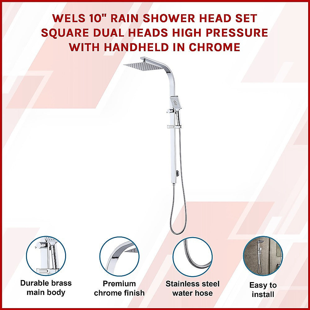 WELS 10 Rain Shower Head Set Square Dual Heads High Pressure with Handheld in Chrome