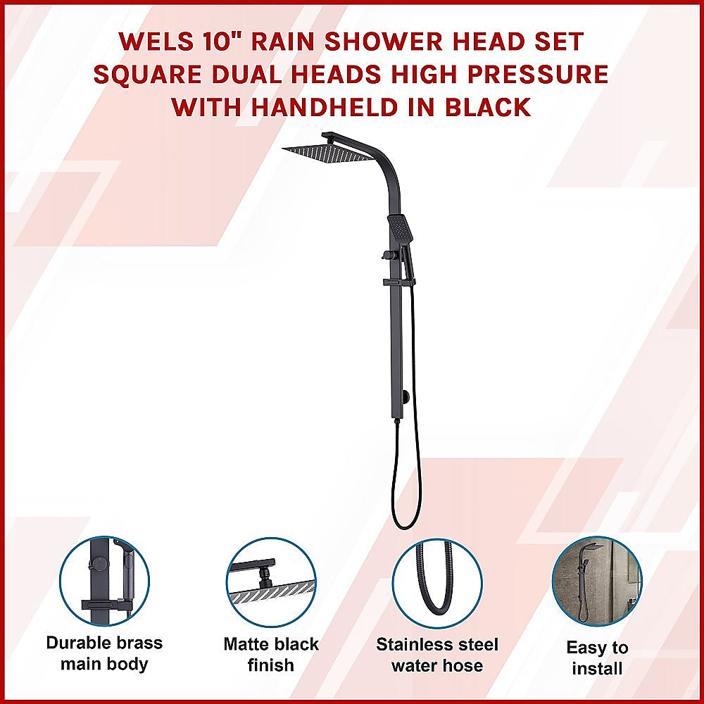 WELS 10 Rain Shower Head Set Square Dual Heads High Pressure with Handheld in Black