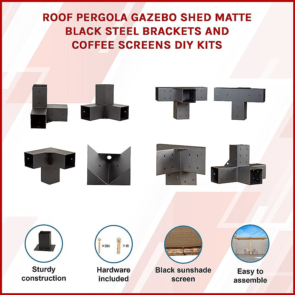 Roof Pergola Gazebo Shed Matte Black Steel Brackets and Coffee Screens DIY Kits