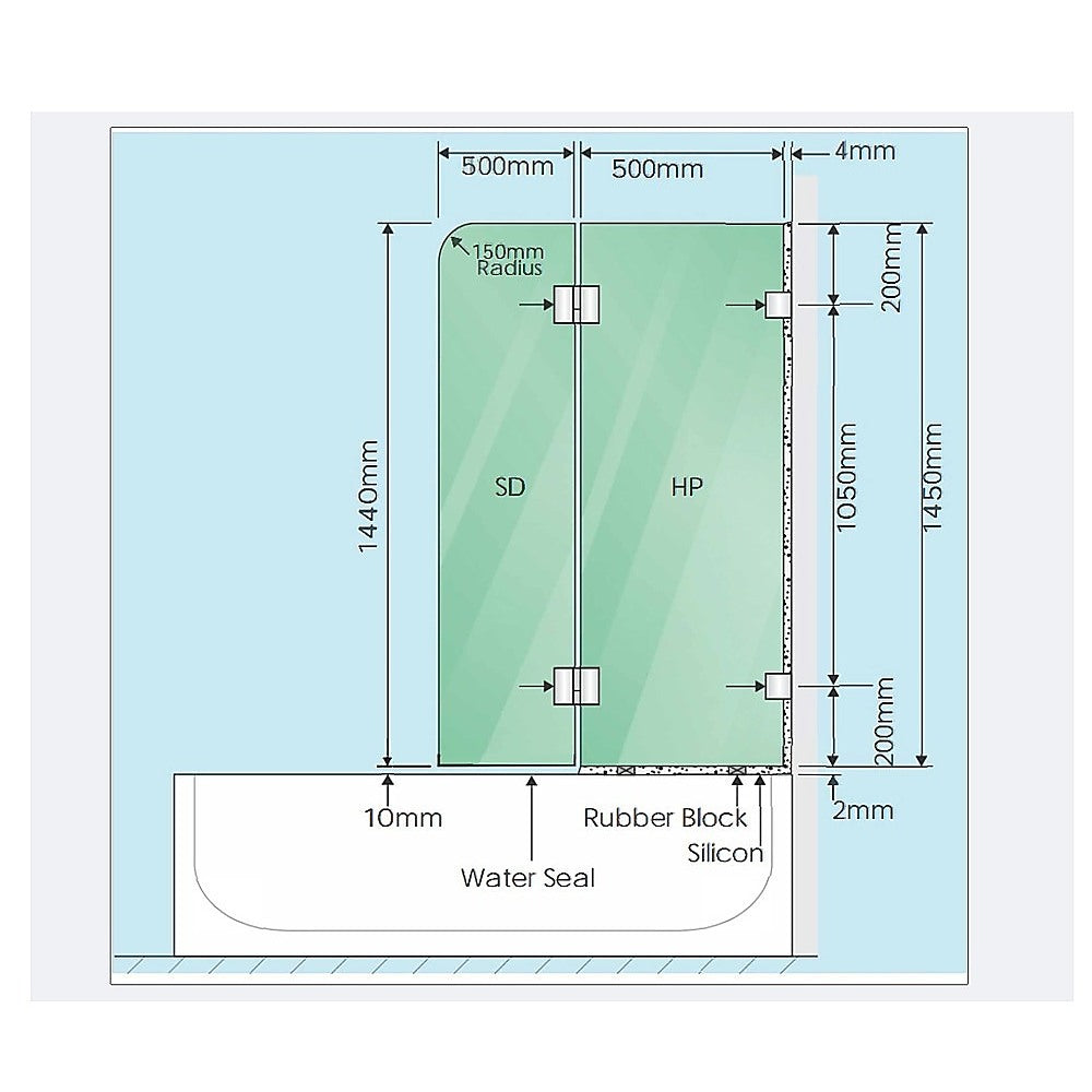 100cm Frameless Glass Bath Screen ??Brass F-Brackets in Black for Stylish Bathroom Upgrade